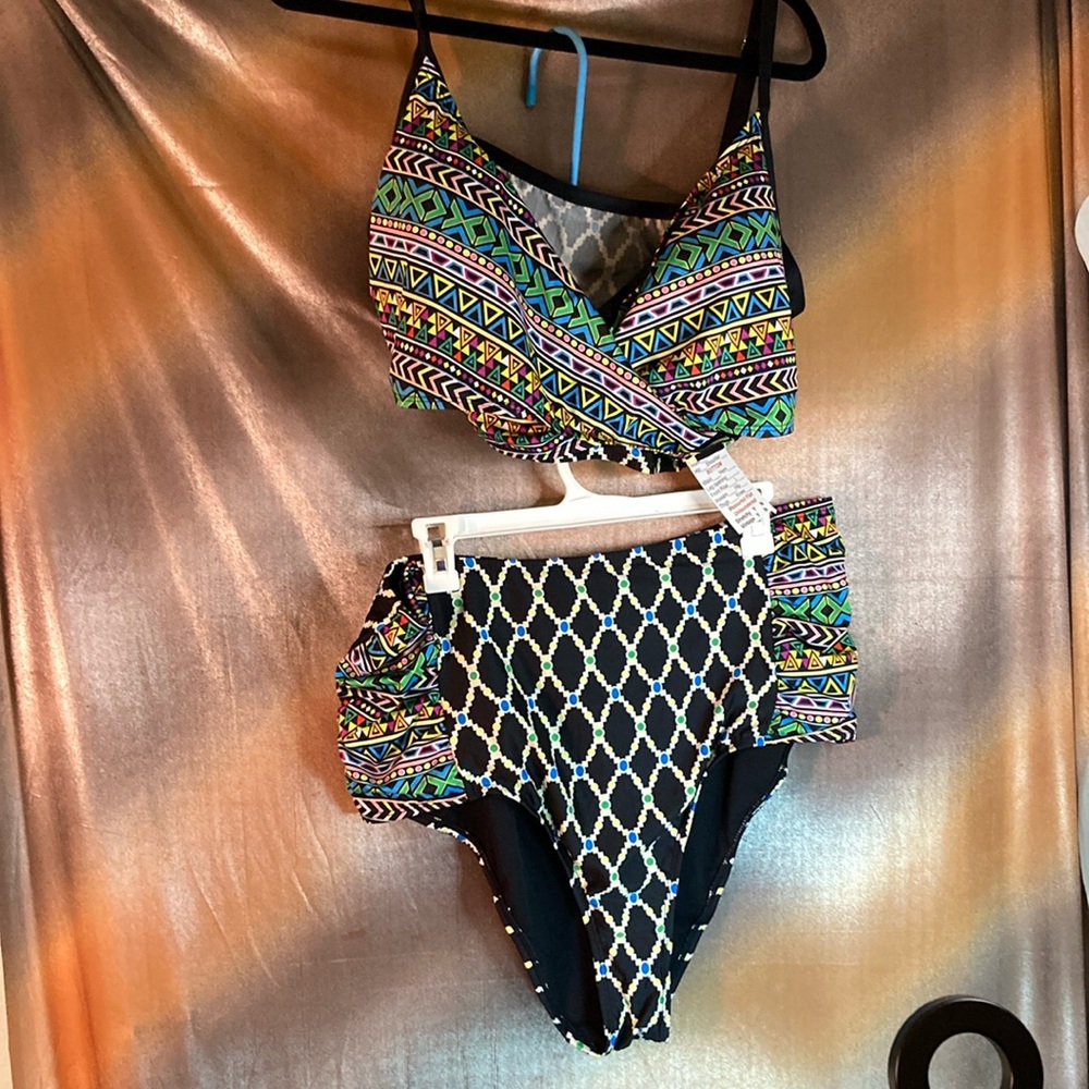 Clean Water‎ 20w 2 piece high waisted bikini black with neon tribal 403